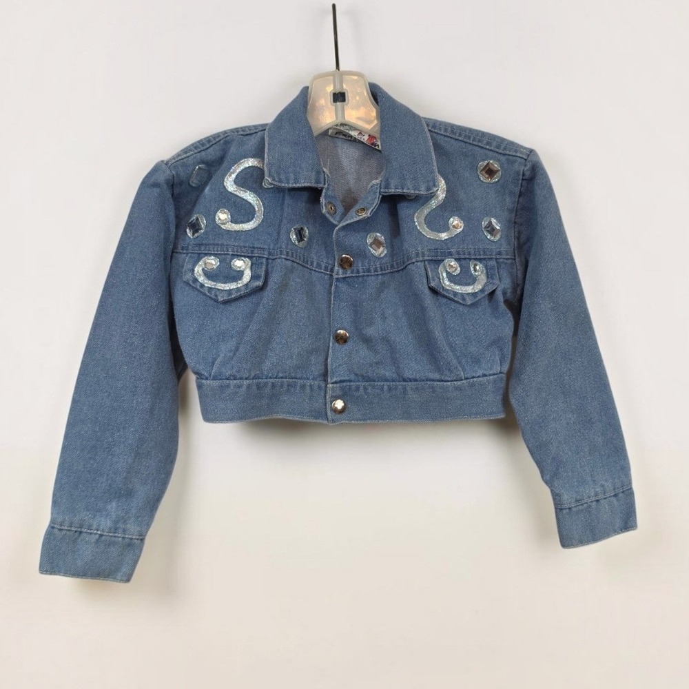 Vintage Shoreline for Kids Cropped Denim Jacket Rhinestone Glitter Blue Size 5